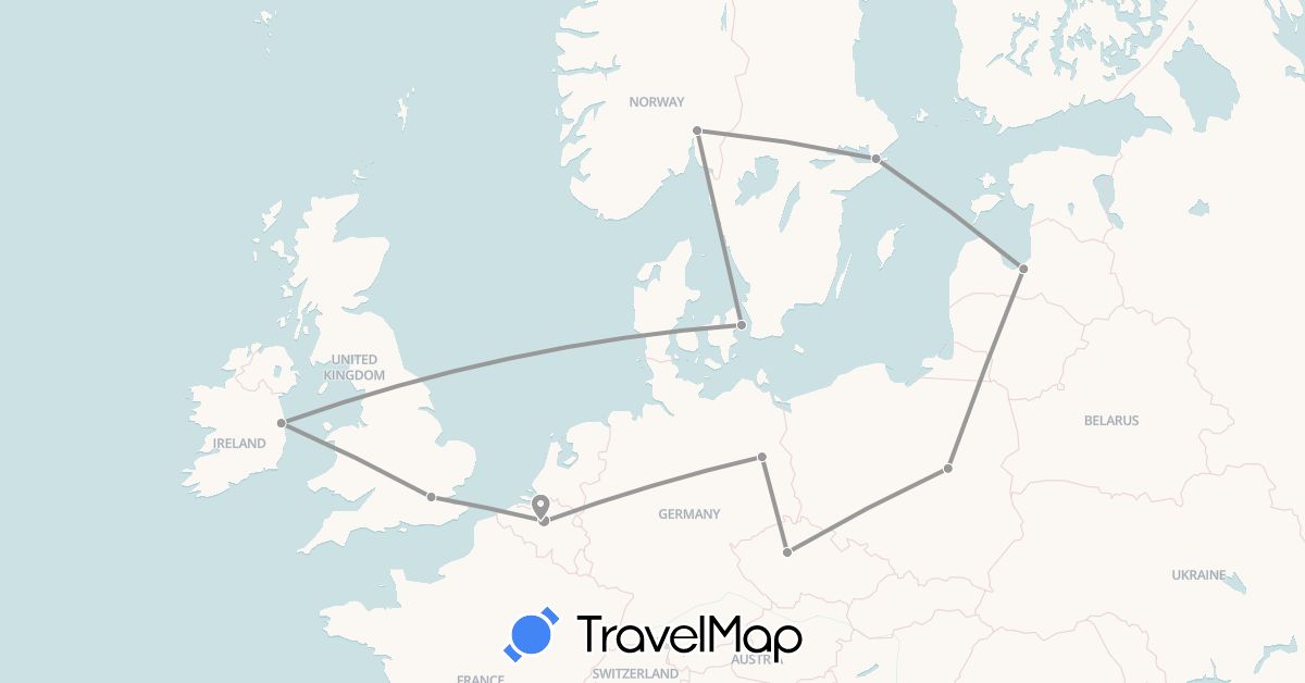 TravelMap itinerary: plane in Belgium, Czech Republic, Germany, Denmark, United Kingdom, Ireland, Latvia, Norway, Poland, Sweden (Europe)